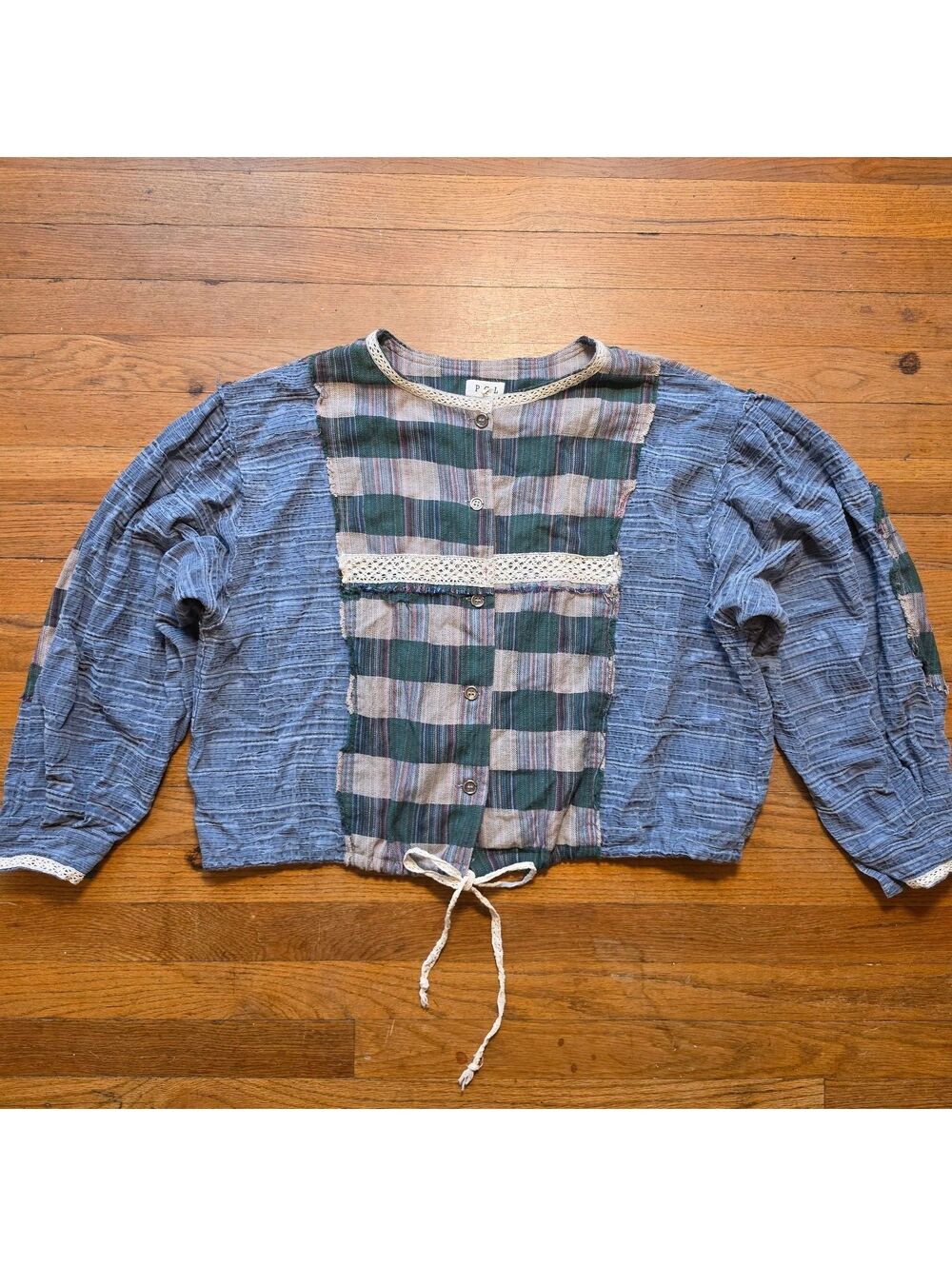 POL Vintage Style Blue and Green Plaid Button-Up Cotton Linen Blouse